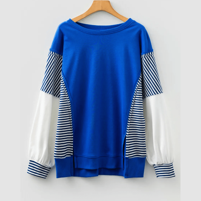 Jenci Blue Striped Patchwork Sleeve Colorblock Sweatshirt