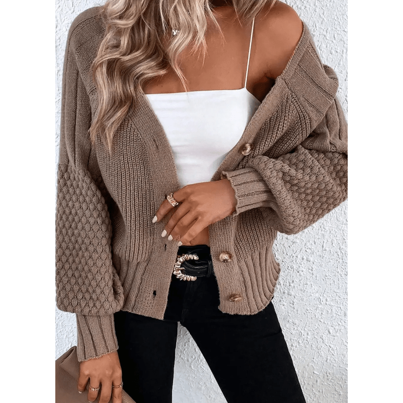 Charlee Mixed Texture Knit Button V Neck Sweater Cardigan