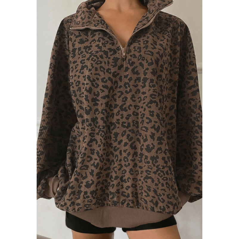 RTS Haleigh Brown Leopard Print Quarter Zip Corduroy Sweatshirt