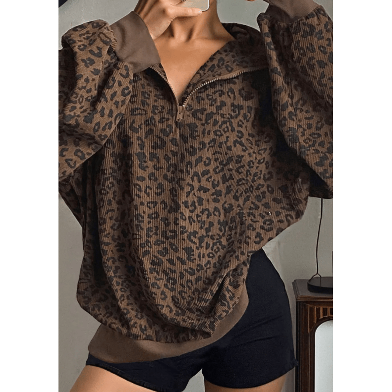 RTS Haleigh Brown Leopard Print Quarter Zip Corduroy Sweatshirt