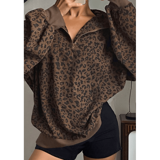 RTS Haleigh Brown Leopard Print Quarter Zip Corduroy Sweatshirt