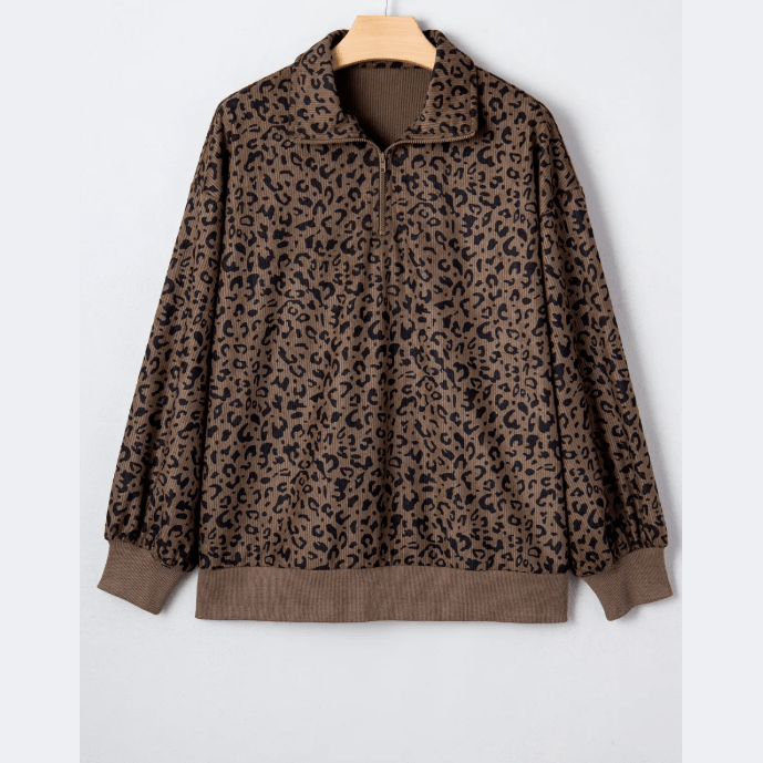 RTS Haleigh Brown Leopard Print Quarter Zip Corduroy Sweatshirt