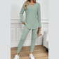 Kirky Grass Green Ribbed Notched Neck Knit Long Sleeve Leggings Two Pieces Lounge Set