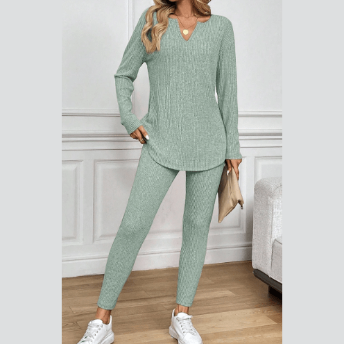 Kirky Grass Green Ribbed Notched Neck Knit Long Sleeve Leggings Two Pieces Lounge Set