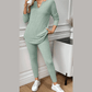 Kirky Grass Green Ribbed Notched Neck Knit Long Sleeve Leggings Two Pieces Lounge Set