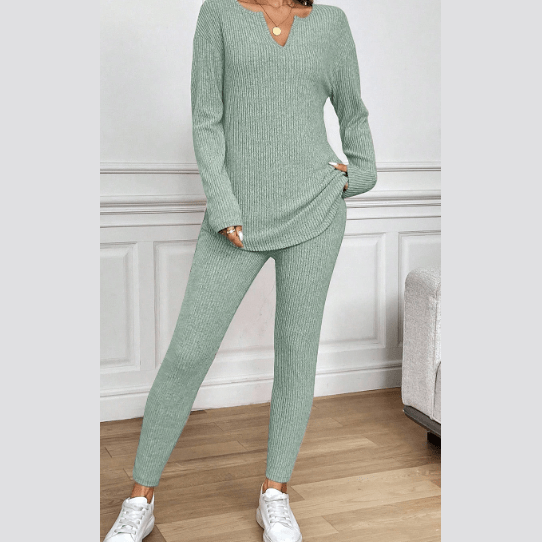 Kirky Grass Green Ribbed Notched Neck Knit Long Sleeve Leggings Two Pieces Lounge Set