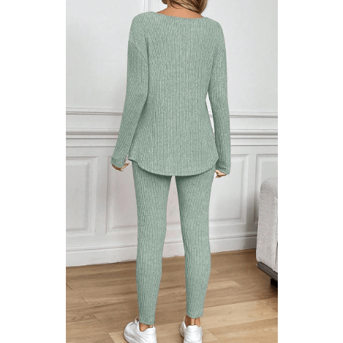 Kirky Grass Green Ribbed Notched Neck Knit Long Sleeve Leggings Two Pieces Lounge Set