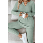 Kirky Grass Green Ribbed Notched Neck Knit Long Sleeve Leggings Two Pieces Lounge Set