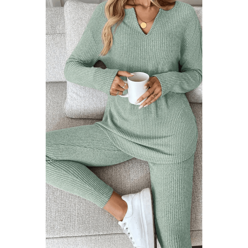 Kirky Grass Green Ribbed Notched Neck Knit Long Sleeve Leggings Two Pieces Lounge Set
