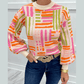 Janan Love Lines Pattern Crew Neck Puff Sleeve Sweater