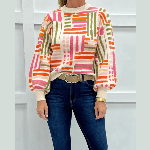 Janan Love Lines Pattern Crew Neck Puff Sleeve Sweater