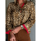 Lenore Brown Fierce Leopard Allure Contrast Ruffle Trim V Neck Shirt