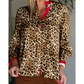 Lenore Brown Fierce Leopard Allure Contrast Ruffle Trim V Neck Shirt