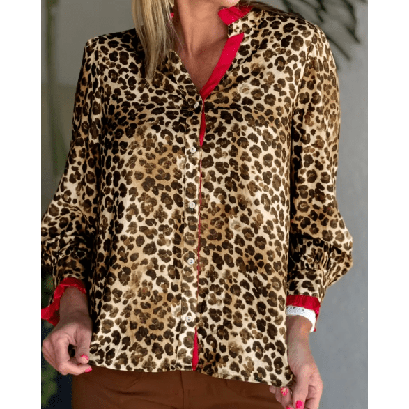Lenore Brown Fierce Leopard Allure Contrast Ruffle Trim V Neck Shirt