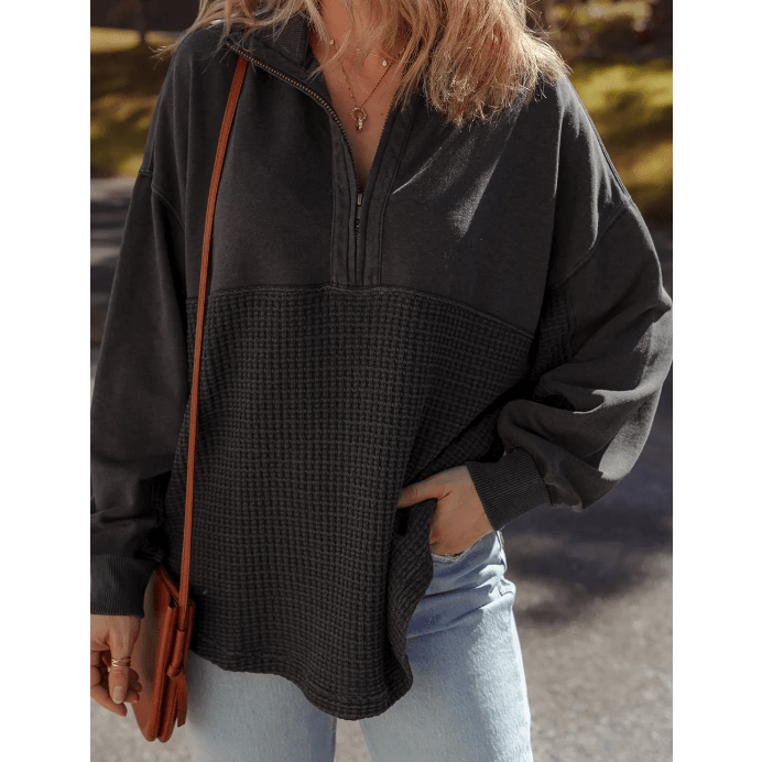 Pheb Carbon Grey Waffle Knit Patchwork Half Zipped Casual Sweatshirt