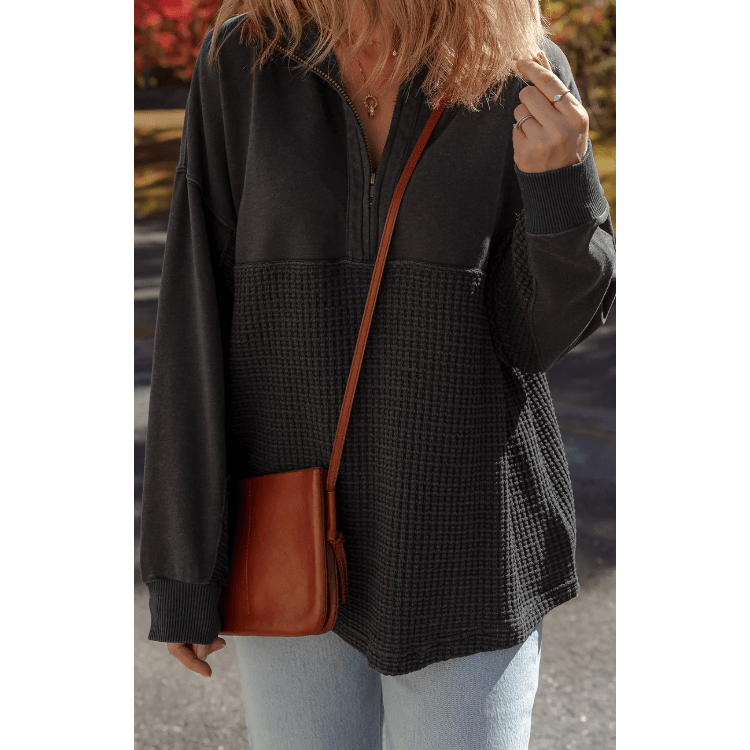 Pheb Carbon Grey Waffle Knit Patchwork Half Zipped Casual Sweatshirt