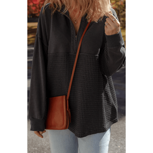 Pheb Carbon Grey Waffle Knit Patchwork Half Zipped Casual Sweatshirt