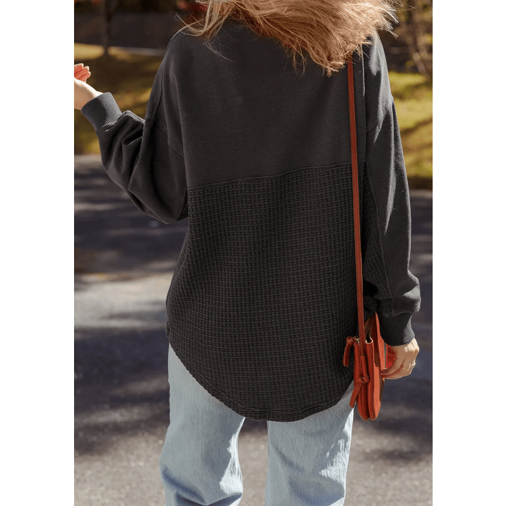 Pheb Carbon Grey Waffle Knit Patchwork Half Zipped Casual Sweatshirt