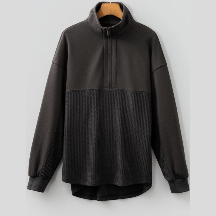 Pheb Carbon Grey Waffle Knit Patchwork Half Zipped Casual Sweatshirt