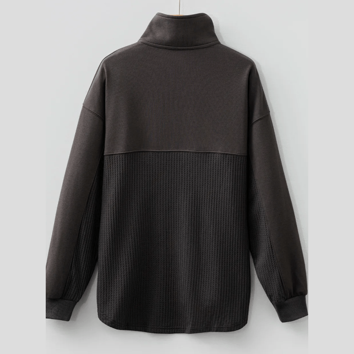 Pheb Carbon Grey Waffle Knit Patchwork Half Zipped Casual Sweatshirt