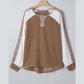 Reggi Dark Khaki Twisted Ribbed Leopard Lace Contrast Patchwork Long Sleeve Top