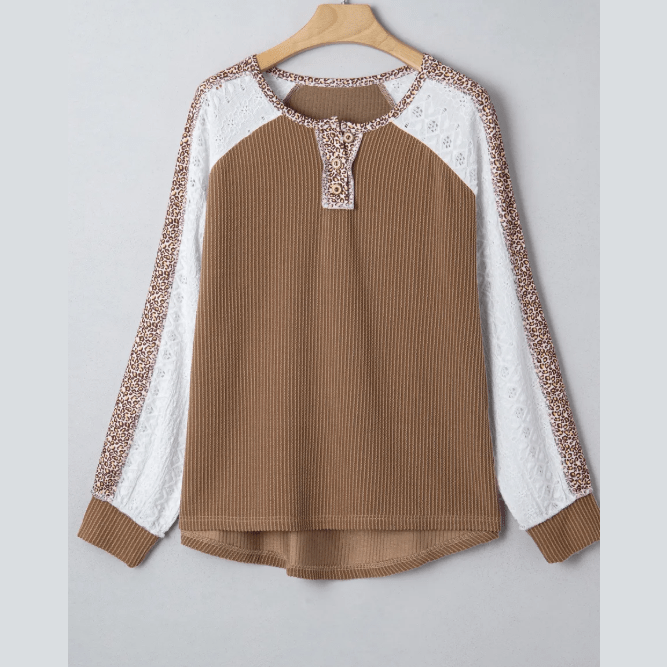 Reggi Dark Khaki Twisted Ribbed Leopard Lace Contrast Patchwork Long Sleeve Top