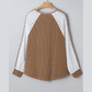 Reggi Dark Khaki Twisted Ribbed Leopard Lace Contrast Patchwork Long Sleeve Top