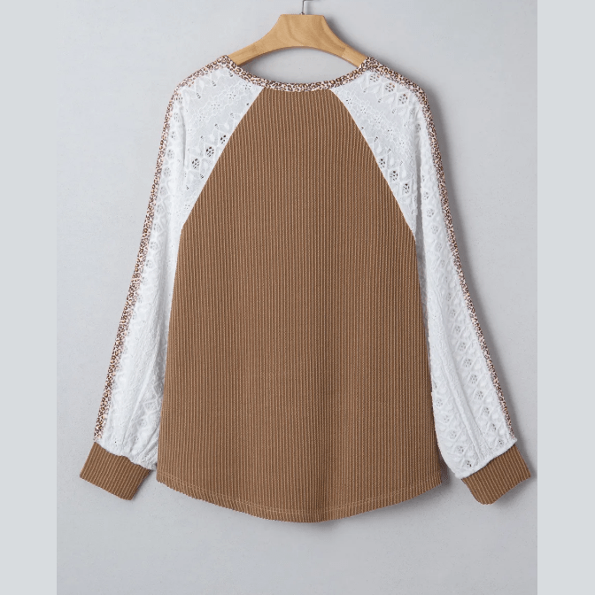 Reggi Dark Khaki Twisted Ribbed Leopard Lace Contrast Patchwork Long Sleeve Top