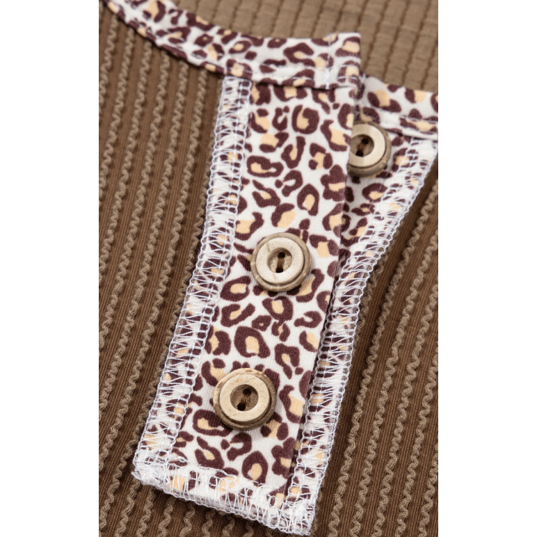 Reggi Dark Khaki Twisted Ribbed Leopard Lace Contrast Patchwork Long Sleeve Top