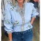 Shaina Sky Blue Floral Print Contrast Striped Trim Ruffled V Neck Fall Blouse