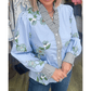 Shaina Sky Blue Floral Print Contrast Striped Trim Ruffled V Neck Fall Blouse