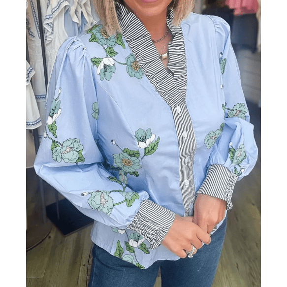 Shaina Sky Blue Floral Print Contrast Striped Trim Ruffled V Neck Fall Blouse