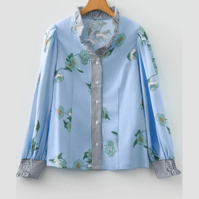 Shaina Sky Blue Floral Print Contrast Striped Trim Ruffled V Neck Fall Blouse