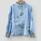 Shaina Sky Blue Floral Print Contrast Striped Trim Ruffled V Neck Fall Blouse