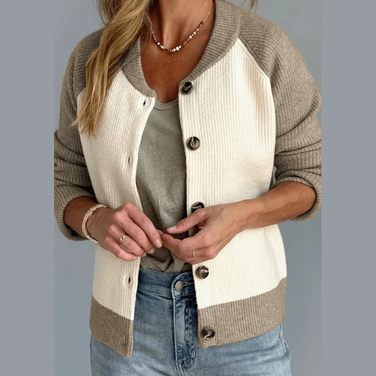 Celia Color Block Ribbed Knit Button Down Sweater Cardigan