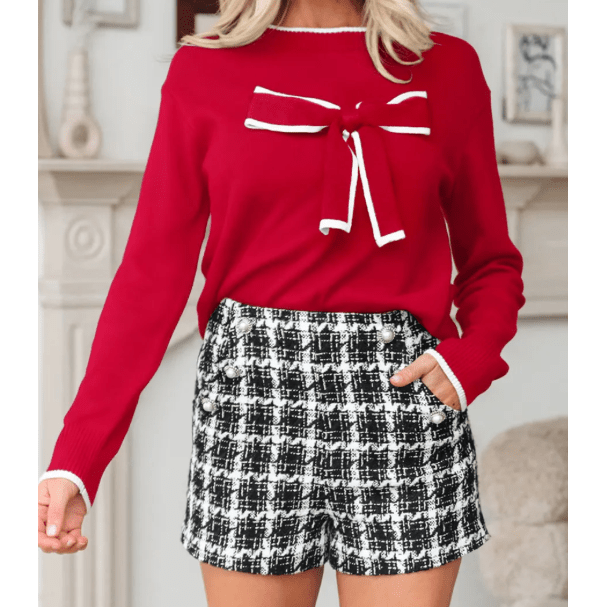 Darla Red Contrast Trim Big Bow Accent Holiday Cropped Sweater