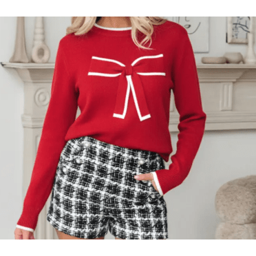 Darla Red Contrast Trim Big Bow Accent Holiday Cropped Sweater