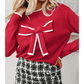Darla Red Contrast Trim Big Bow Accent Holiday Cropped Sweater