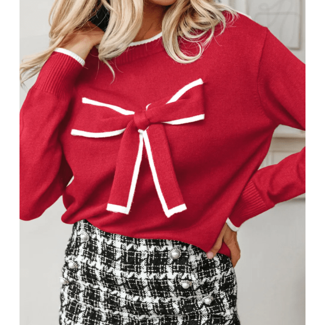 Darla Red Contrast Trim Big Bow Accent Holiday Cropped Sweater