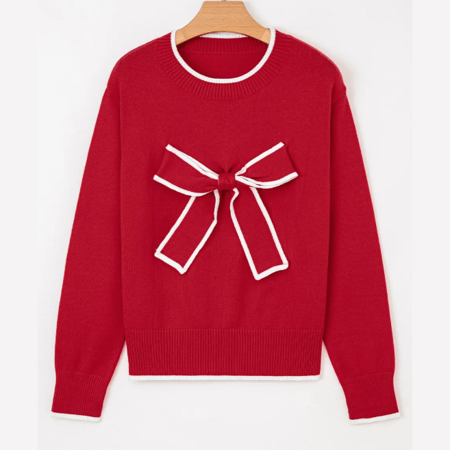 Darla Red Contrast Trim Big Bow Accent Holiday Cropped Sweater