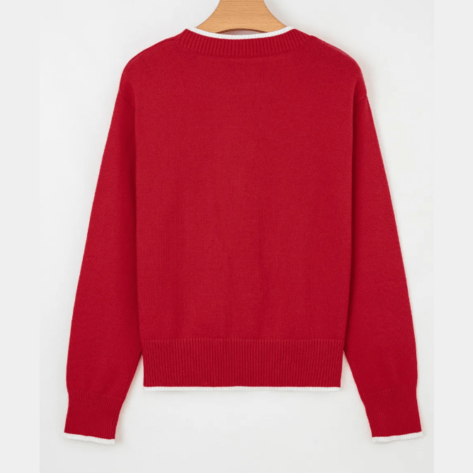 Darla Red Contrast Trim Big Bow Accent Holiday Cropped Sweater