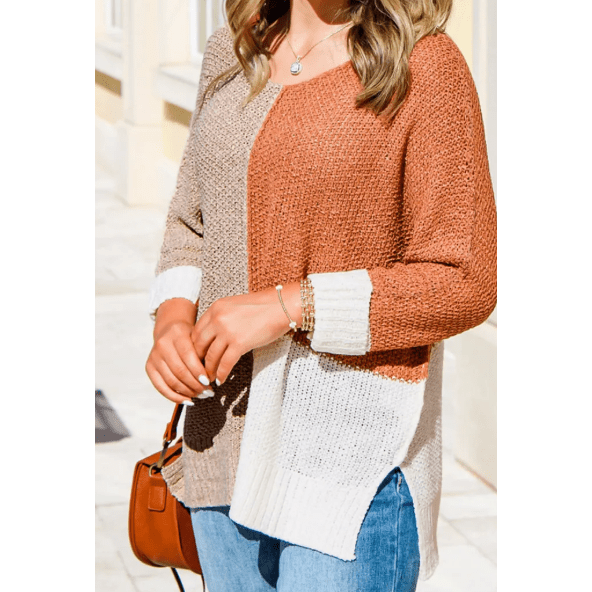 Monella Chestnut Color Block Knit V Neck Loose Sweater