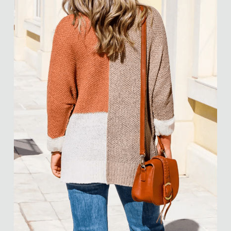 Monella Chestnut Color Block Knit V Neck Loose Sweater