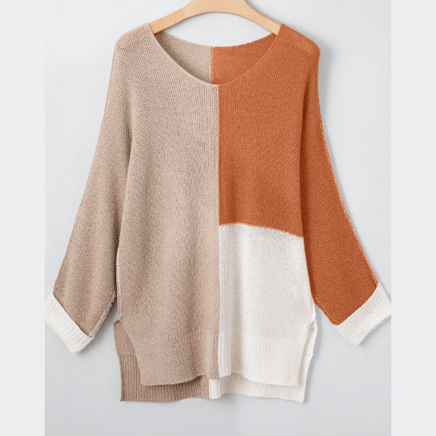 Monella Chestnut Color Block Knit V Neck Loose Sweater