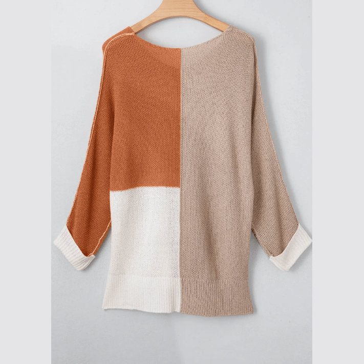 Monella Chestnut Color Block Knit V Neck Loose Sweater