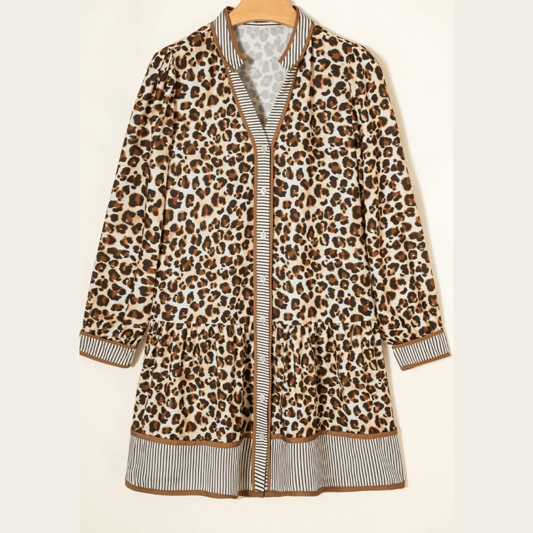 Louann Brown Leopard Print Striped Patchwork 3/4 Sleeve Loose Mini Dress