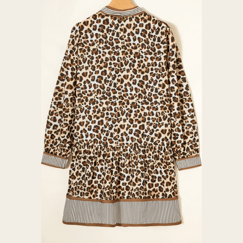 Louann Brown Leopard Print Striped Patchwork 3/4 Sleeve Loose Mini Dress