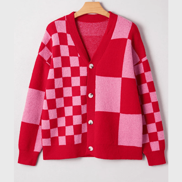 Jalessa Fiery Red Mixed Plaid Relaxed Sweater Cardigan