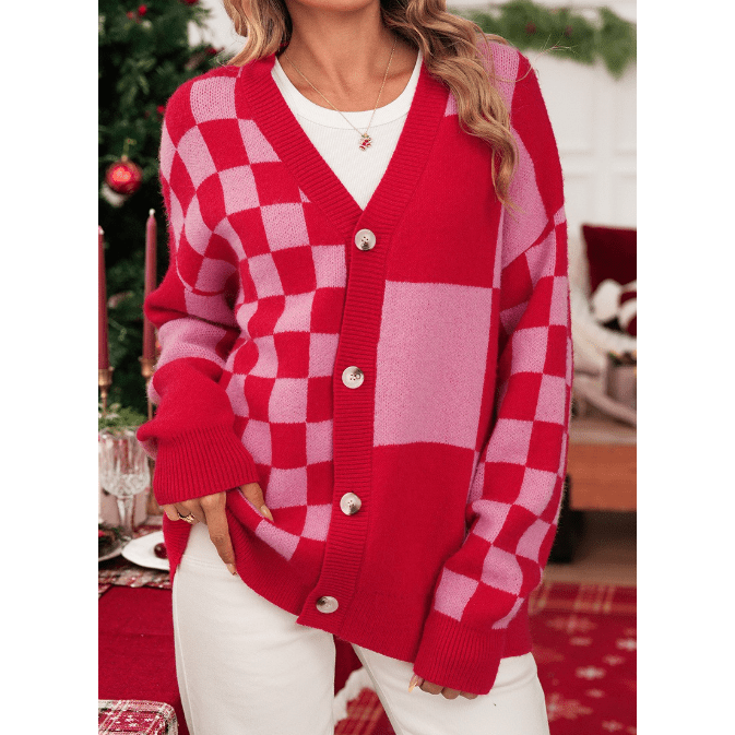 Jalessa Fiery Red Mixed Plaid Relaxed Sweater Cardigan