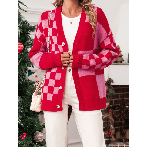 Jalessa Fiery Red Mixed Plaid Relaxed Sweater Cardigan